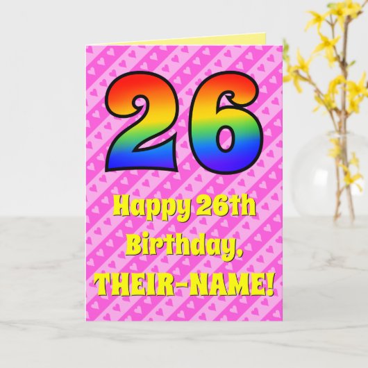 26e verjaardag: roze strepen & harten, regenboog # kaart (Gele Bloem)