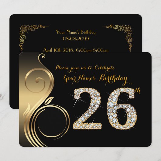 26e, Verjaardag Uitnodiging, Nummer Diamant, Foto Kaart (Voorkant / Achterkant)