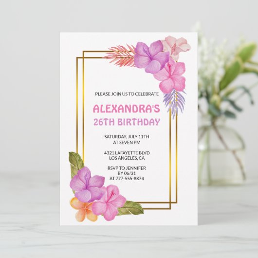26e verjaardag uitnodigingen Tropical Floral Pink (Staand voorkant)
