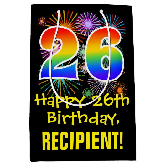 26e verjaardag: Vuurwerk Fun Pattern + Regenboog 2 Medium Cadeauzakje (Voorkant)