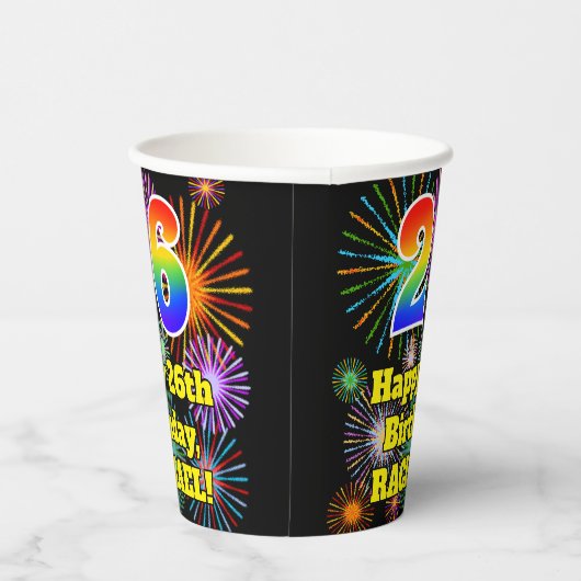 26e verjaardag: Vuurwerk Fun Pattern + Regenboog 2 Papieren Bekers (Rechts)