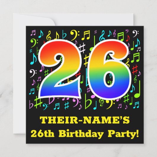 26e verjaardagsfeest: leuke muzieksymbolen, regenb kaart (Voorkant)