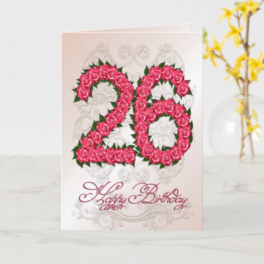 26e verjaardagskaart met rozen en bladeren kaart (Gele Bloem)