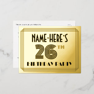 26th Birthday Party ~ Art Deco Style "26" + naam Folie Uitnodiging Briefkaart