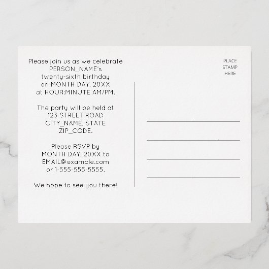 26th Birthday Party ~ Art Deco Style "26" + naam Folie Uitnodiging Briefkaart (Achterkant)