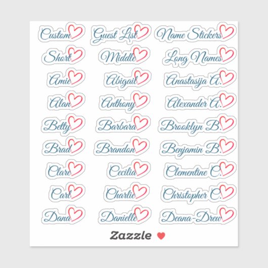 27 Aangepaste gastenlijstnamen Blue Red Heart Sticker (Vel)