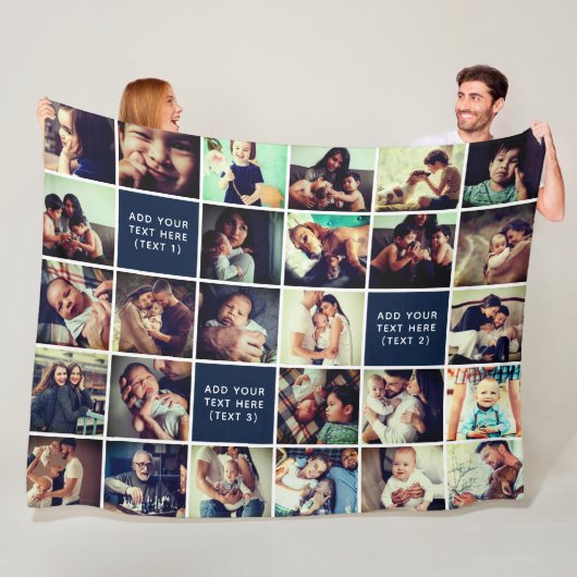 27-Photo Collage Custom Text Fleece Blanket (L) (In situ)