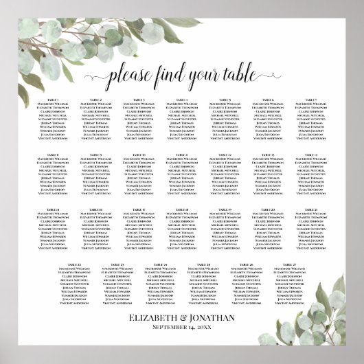 27 Tafel Eucalyptus Leaves Wedding Seating Chart Poster (Voorkant)