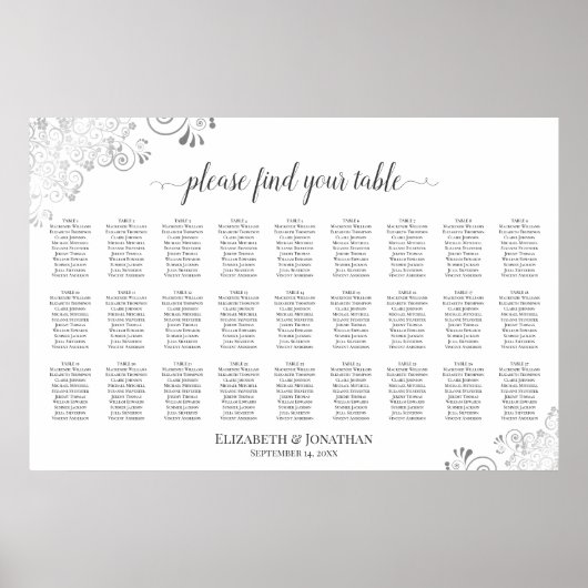 27 Tafel Zilver & Witte Elegante Zitplaatsindeling Poster (Voorkant)