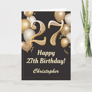 27e Birthday Black en Gold Balloons Confetti Kaart