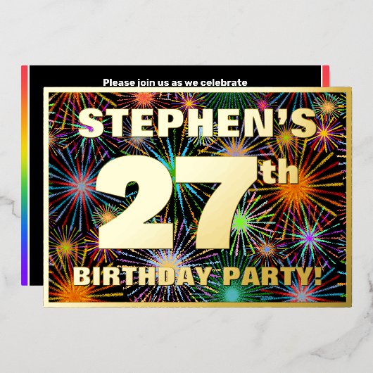 27e Birthday Party - Fun, kleurrijke Fireworks loo Folie Uitnodiging (Voorkant / Achterkant)