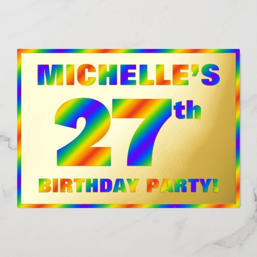27e Birthday Party — Fun, regenboogspectrum "27" Folie Uitnodiging (Voorkant)