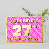 27e Birthday Party — Fun roze harten en stripes Folie Uitnodiging (Staand Voorkant)