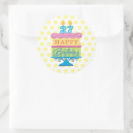27e Happy Birthday Cake Yellow Stippen Ronde Sticker