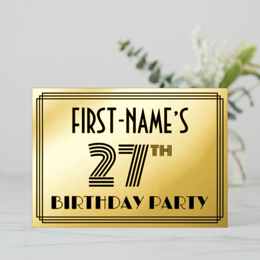 27e verjaardag — Art Deco Style "27" en naam Folie Uitnodiging (Staand Voorkant)
