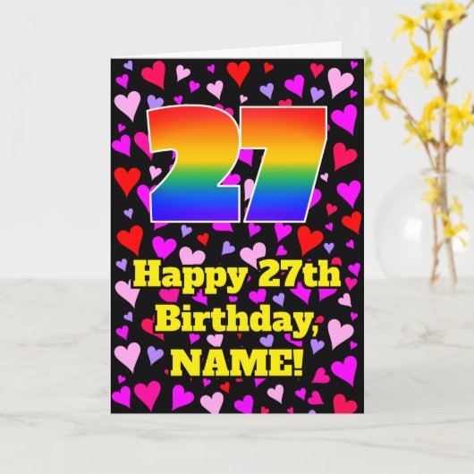 27e verjaardag: Beeldende harten patroon, regenboo Kaart (Gele Bloem)