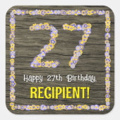 27e verjaardag: Bloemennummer, Faux Wood Look, Naa Vierkante Sticker (Voorkant)