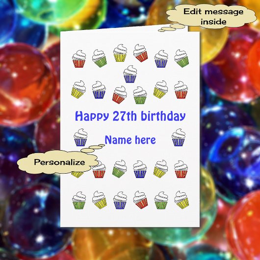 27e verjaardag cupcakes gepersonaliseerde naam kaart