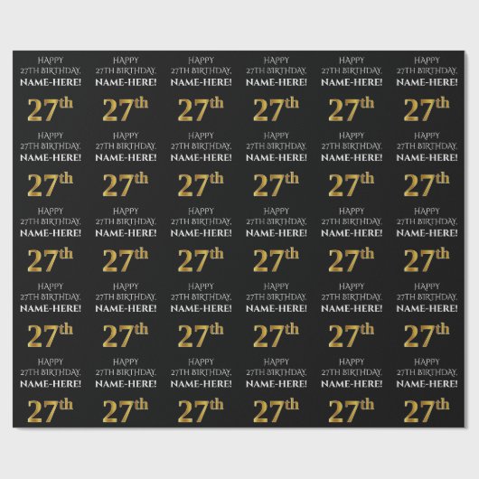 27e verjaardag: Elegant, zwart, Faux Gold look Cadeaupapier (Vlak)