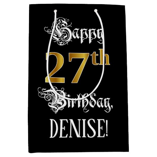 27e verjaardag ~ Fancy script; Faux Gold look; naa Medium Cadeauzakje (Voorkant)