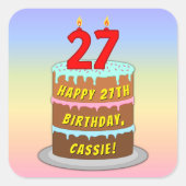 27e verjaardag: Fun Cake and Candles + Custom Name Vierkante Sticker (Voorkant)
