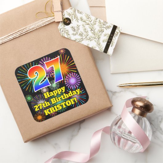 27e verjaardag: Fun Fireworks Kijk, regenboog # 27 Vierkante Sticker (Geschenken)