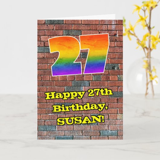 27e verjaardag: Fun Graffiti-geïnspireerde regenbo Kaart (Gele Bloem)