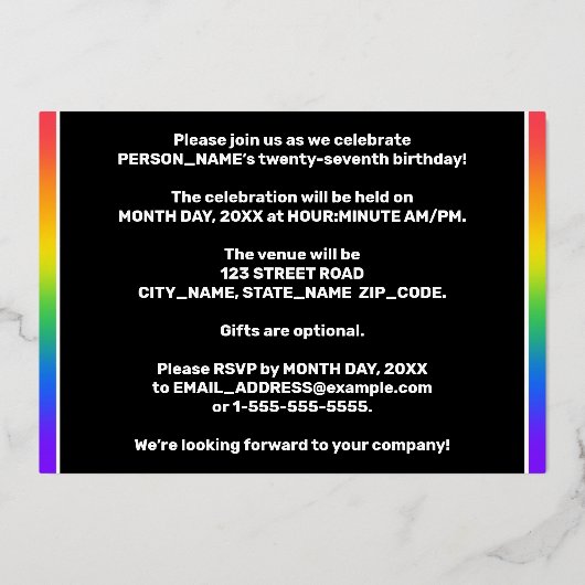 27e verjaardag: Fun, kleurrijk regenboogpatroon Folie Uitnodiging (Achterkant)