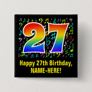 27e verjaardag: Kleurrijke muzieksymbolen, regenbo Vierkante Button 5,1 Cm