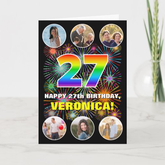 27e Verjaardag: Leuke Regenboog #, Aangepaste Naam Kaart (Voorkant)