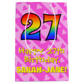 27e verjaardag: Leuke roze harten strepen; Regenbo Medium Cadeauzakje (Voorkant)