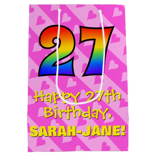 27e verjaardag: Leuke roze harten strepen; Regenbo Medium Cadeauzakje (Achterkant)