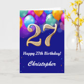 27e verjaardag marineblauw en goudkleurige ballonn kaart (Gele Bloem)