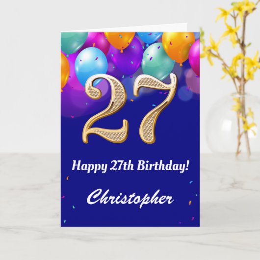 27e verjaardag marineblauw en goudkleurige ballonn kaart (Gele Bloem)