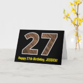 27e verjaardag: Naam + Faux Wood Grain Patroon "27 Kaart (Gele Bloem)