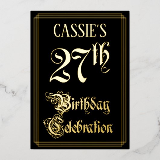 27e verjaardag Partij — Fancy Manuscript & Naam va Folie Uitnodiging (Voorkant)