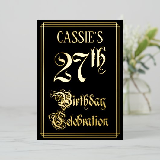 27e verjaardag Partij — Fancy Manuscript & Naam va Folie Uitnodiging (Staand Voorkant)