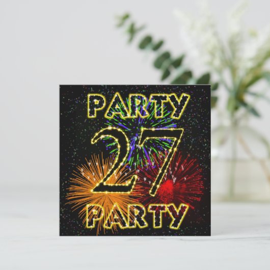 27e verjaardag partijuitnodiging met vuurwerk kaart (Staand voorkant)