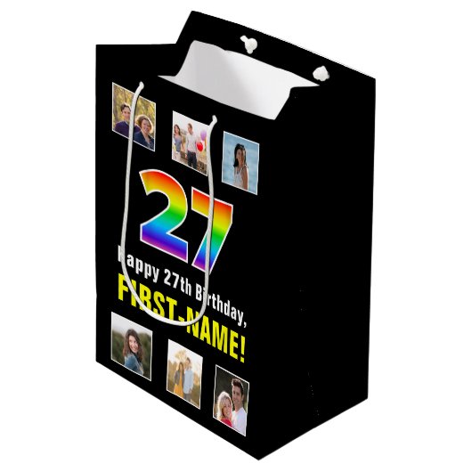 27e verjaardag: Regenboog "27", Aangepaste foto's  Medium Cadeauzakje (Voorkant Gekanteld)