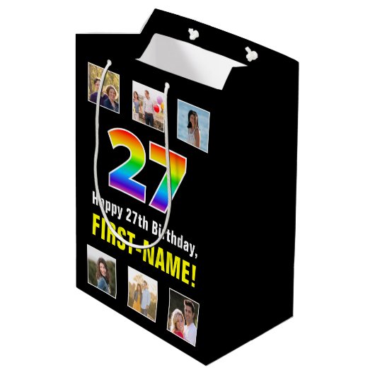 27e verjaardag: Regenboog "27", Aangepaste foto's  Medium Cadeauzakje (Achterkant Gekanteld)