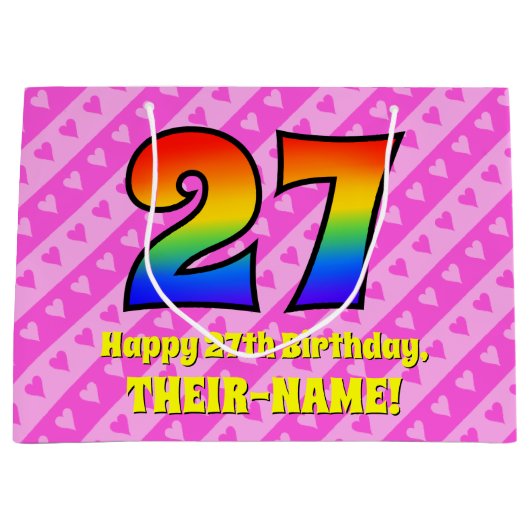 27e verjaardag: roze strips & harten, regenboognr. groot cadeauzakje (Voorkant)