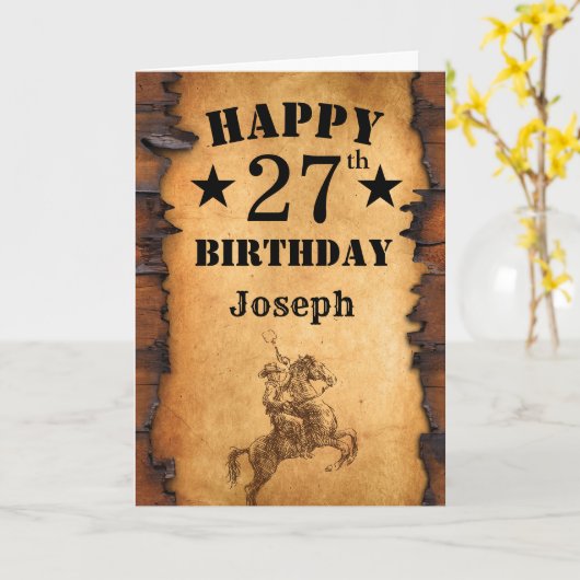 27e verjaardag Rustic Country Western Cowboy Horse Kaart (Gele Bloem)