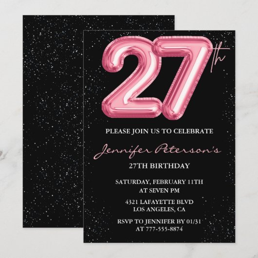 27e verjaardag uitnodigingen Pink Balloon Glam Bla (Voorkant / Achterkant)