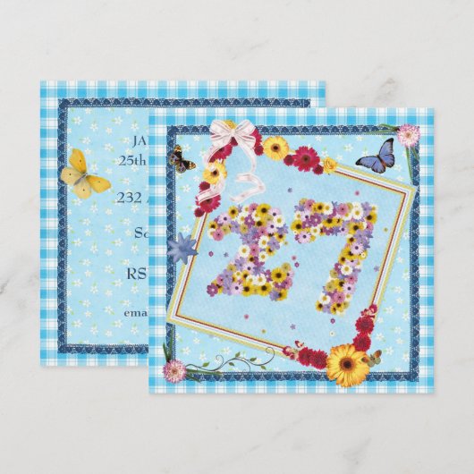 27e verjaardag Uitnodigingsbloemen, vlinders Kaart (Voorkant / Achterkant)
