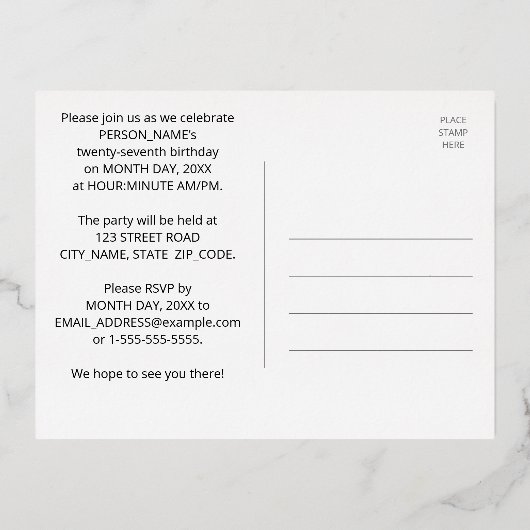 27e verjaardag: Vette, kleurrijke Fireworks-look Folie Uitnodiging Briefkaart (Achterkant)