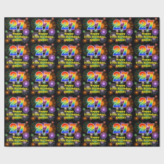 27e verjaardag: vuurwerk, regenboogblik # "27" cadeaupapier (Zoom)