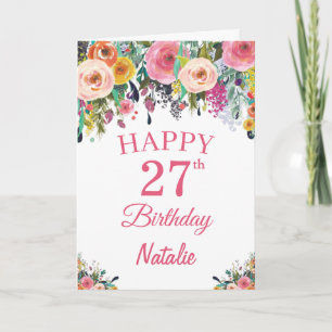 27e Verjaardag Waterverf Bloemen Roze Kaart