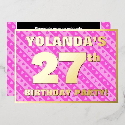 27e Verjaardagsfeestje — Leuke Roze Harten en Stre Folie Uitnodiging (Voorkant / Achterkant)