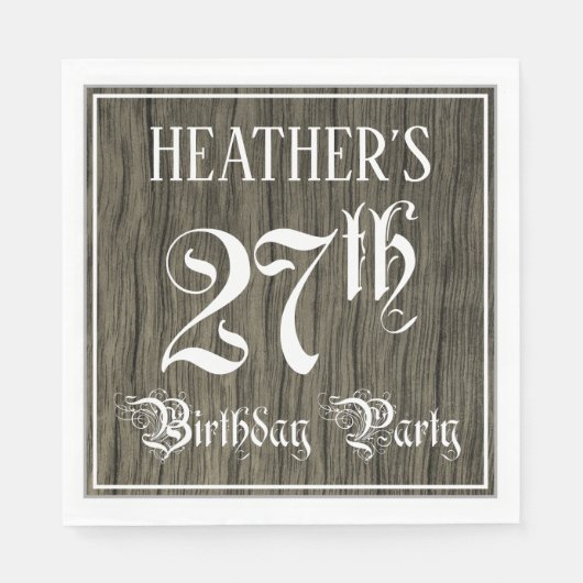 27th Birthday Party — Fancy script, Faux Wood Kijk Servet (Voorkant)