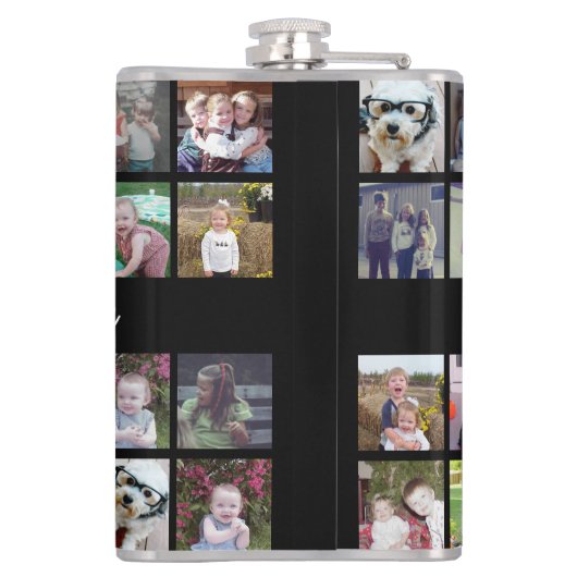 28 Foto Collage Grid - Script Text - zwart wit Heupfles (Achterkant)